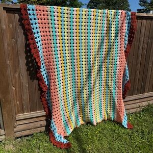 Colorful Crochet Blanket with Red Trim